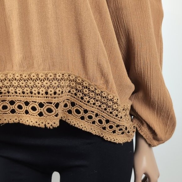 3/$20 Ardene Boho Peasant Top Off Shoulder Long Sleeve Tan Crochet Trim Blouse - Picture 3 of 12